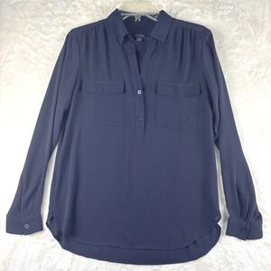 ANN TAYLOR Tunic Womens S Navy Blue V Neck Pocket Blouse Shirt Long Sleeve